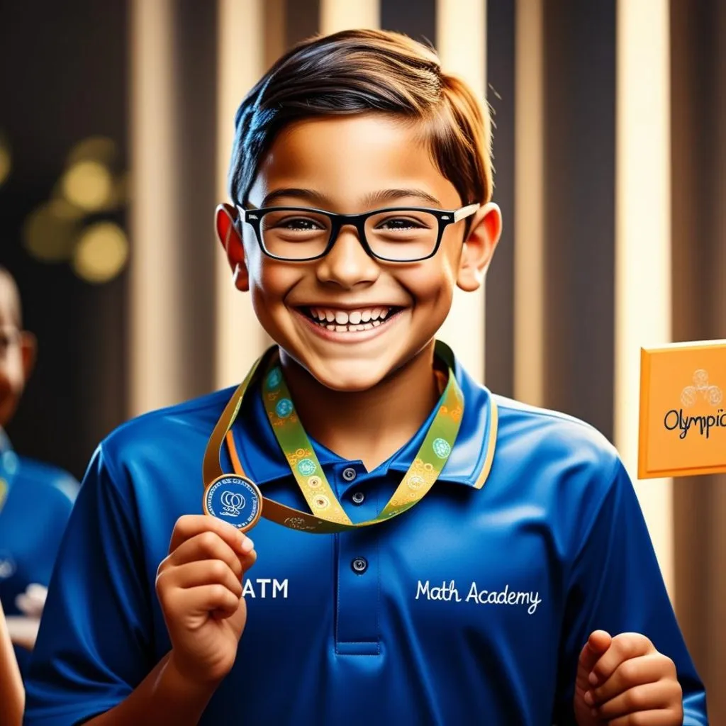 Imagen de un niño con lentes olímpico matemático con medalla y polo de Math Academy (2)